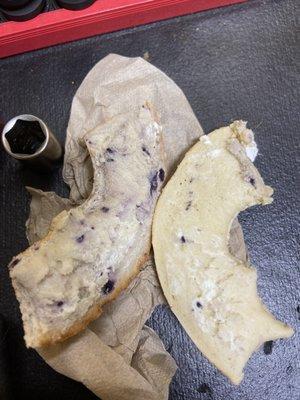 blueberry bagel with cream cheese except the cream cheese is invisible