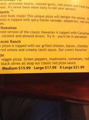 18.00 for large? That is a lot of money for a pizza.