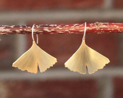 Spring Ginkgo "Green Pagoda" Leaf Brass earrings by Kaj Morris