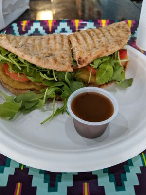 Veggie Garden Panini with no cheese (pre-fix is mozzarella, arugula, tomatoes, and roasted eggplant)