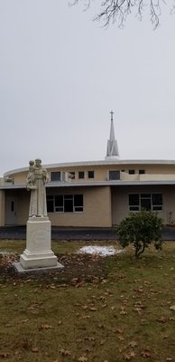 Front of church, statue side