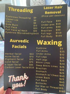 Meenu's pricing list