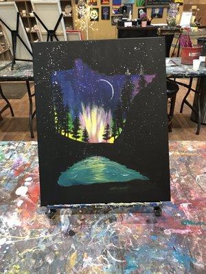 Painting, acrylic, Minnesota, starry sky, moons, date night