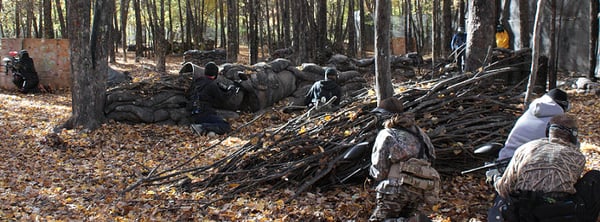 A birthday party enjoying one of our 8 outdoor paintball playing fields