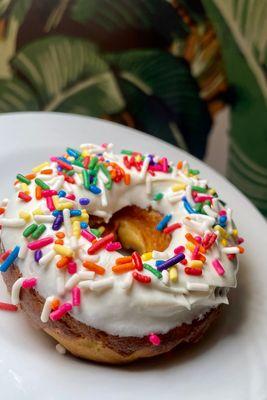 Protein Donuts with sugar free vanilla frosting with sprinkles