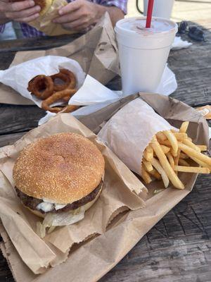 Onion rings, fries, hamburger, milk shake