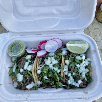 1 birria and 2 carne asada tacos from B & J Cuisine.