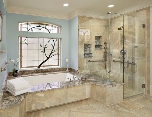 An outdated bathroom was difficult for the homeowners to maneuver through, so we remodeled it with "aging-in-place features.