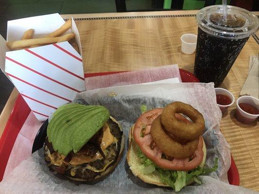 Avocado burger- add onion rings. Presented very nicely