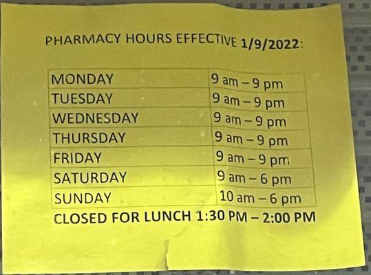 Pharmacy hours as of 1/9/22