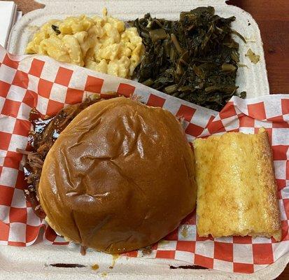 My brisket sandwich plate with mac & cheese and collard greens