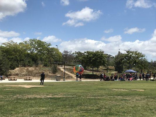 Fun post-church sports at a park with a giant beach ball