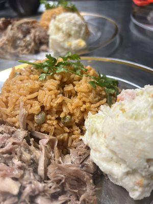 Arroz con Guandules, pernil and potato salad