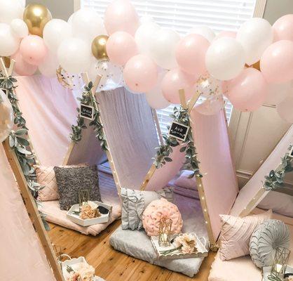 With floral bouquets, gorgeous pillows, touches of gold, and soft pinks, this theme will bring a unique and elegant touch to your event.