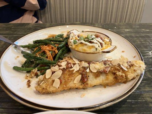 Walleye with loaded smashed potatoes and the best green beans ever.