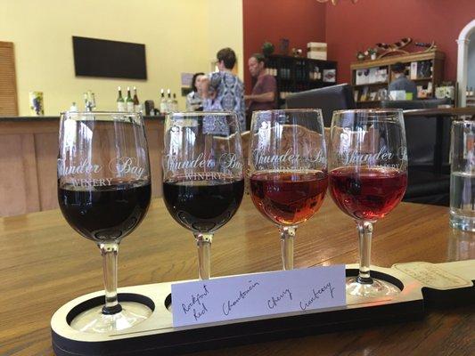 A flight of wines at Thunder Bay Winery!