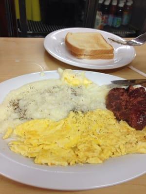 $7 beef sausage, grits, eggs and large coffee!