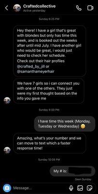 IG conversation with Crafted Collective in an attempt to book an appointment.