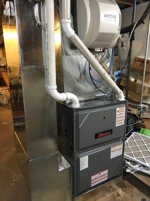 New Amana AMVC961005 super efficient 96% 2-stage variable speed furnace installation by NLB HEATING & COOLING in Plainfield, Illinois.