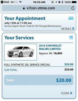 Screenshot of the appointment information which shows $20 for full synthetic oil service special.