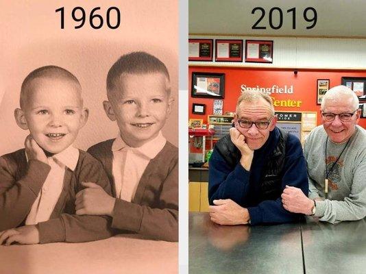 Tom and Dan recreating a photo that was taken of them back in 1960.