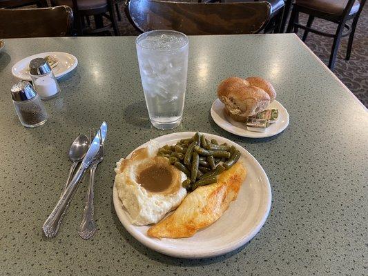 Tilapia, Mashed Potatoes w Homestyle Green Beans and a rill. Mayfield Lunch Plate.