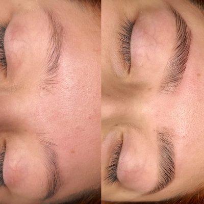 Side by side comparison of client with red hair 
BROW LAMINATION