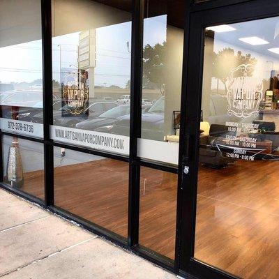 Custom Frosted Etched Window Vinyl Graphics for Artisan Vapor Company installed by sign shop company Signs and Designs tx in Rowlett TX