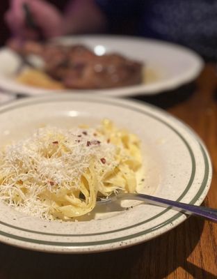 Hubby got 14oz bone in Oak Grilled Veal Chop w/Fettuccine Alfredo. Incredible. Better than Gene & Georgetti's in Chicago. Perfection :)..