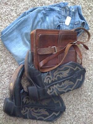 Recent finds: Justin boots ($12), leather bag ($13), and designer jeans ($25)