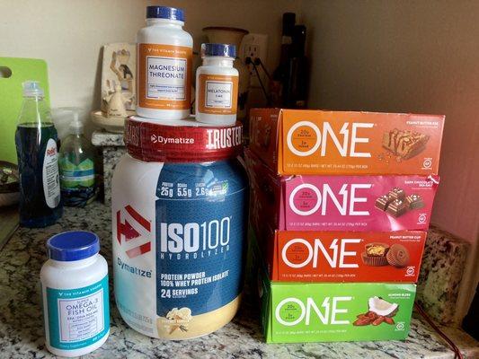 My purchases: protein bars - protein powder and vitamins/supplements.