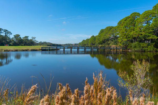 Reflective photograph of a golf cart bridge traversing the property