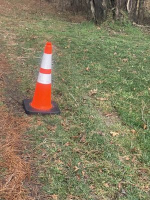 Cone that had been removed by AT&T service people.  This was placed to keep vehicles off lawn!!