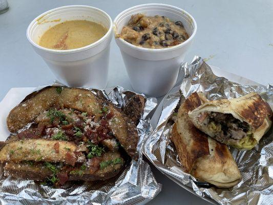 Gyro burrito, jojo fries, curry, bread pudding