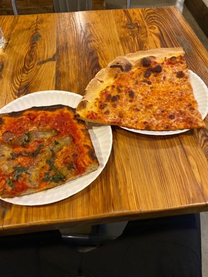 SAUSAGE ARRABBIATA slice and CHEESE PIZZA slice