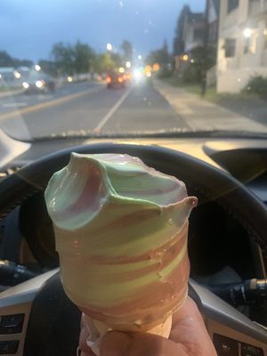 Black raspberry and pistachio soft serve cone.