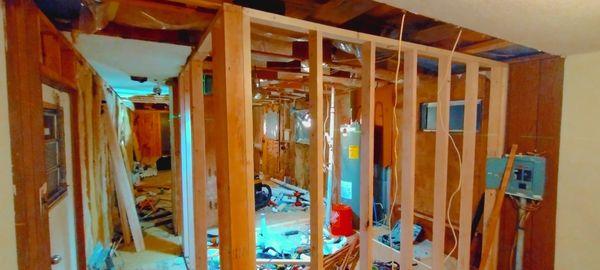 Remodeling to interior of modular home new reframed bathroom and bedroom