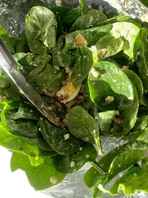 Spinach gorgonzola salad - fresh spinach, hardboiled eggs, bacon, gorgonzola cheese, and side of balsamic dressing