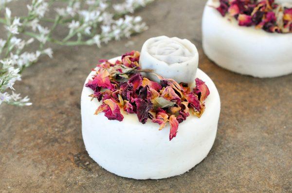 Jasmine Rose Bath Pastry! Made with Organic Coconut Oil, Shea Butter & topped with Moroccan Rose Petals & a Shea butter flower!