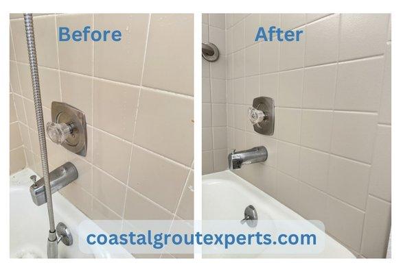 Check out before and after picture of our project in Sarasota of bathroom tile painting that refresh old tile just in one day