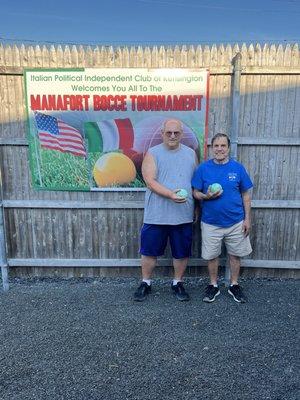 Tom Giove and Frank Cartiera members of IPIC won the Manafort bocce tournament at IPIC June 22.