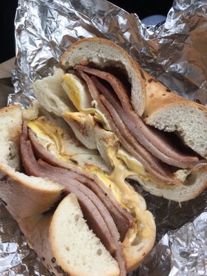 Pork Roll Egg and Cheese on an Onion Bagel -- they did something very wrong with this sandwich, not good