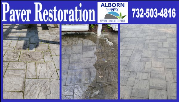 Now they do Paver Restoration!! Clean them, re-polysand and then seal them to keep off oil, grease, wine, etc.