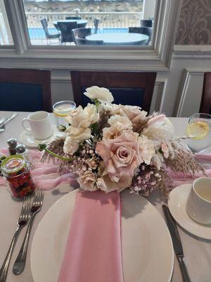 Baby shower blooms in the event space.
Buffet and bar service.