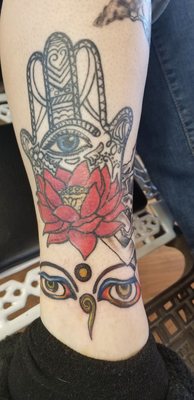 This is my current work in progress.  The Hamsa is an older tattoo that Mark is beautifully incorporating into a leg sleeve.