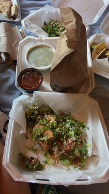 Pollo Asado Tostada and chips with Guac