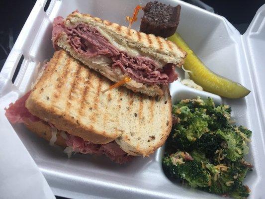 The Ruben to go, with broccoli salad on the side!