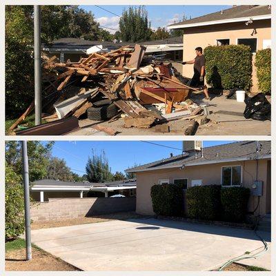 Before and after of a large construction demo trash job we did.