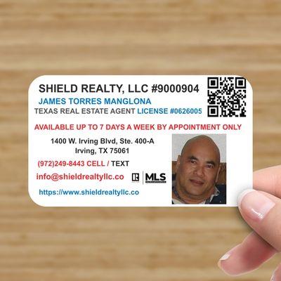 James Torres Manglona 
Email: info@shieldrealtyllc.co
website: https://www.shieldrealtyllc.com
972-249-8443 Cell/Text