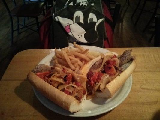 Hot sausage with roasted peppers and onions.